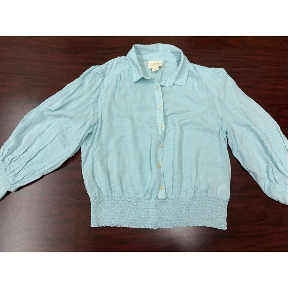 Maeve by Anthropologie Light Blue Rosa Swiss Dot Banded Bottom Blouse- Large
